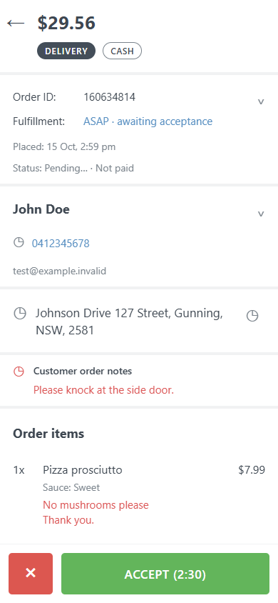 Sample order detail screen showing the total, customer notes, order items and green Accept button.