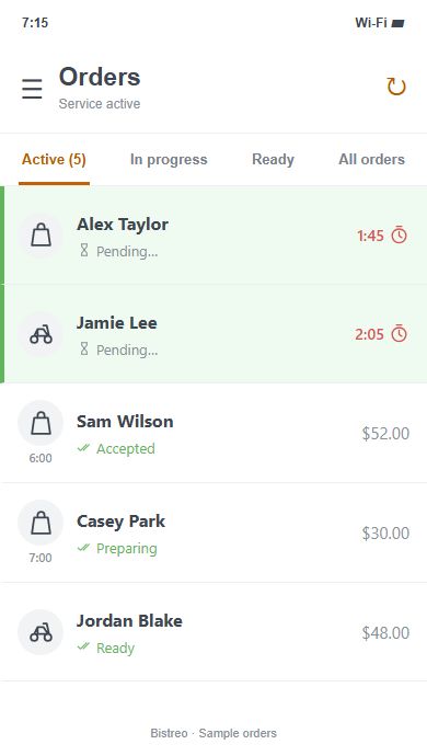 Bistreo app order queue with five sample orders, pending orders first and accepted orders below.
